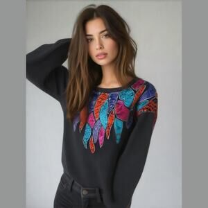 Vintage Victoria Jones Black Cotton Blend Multicolor Sequin Pullover Sweater PL